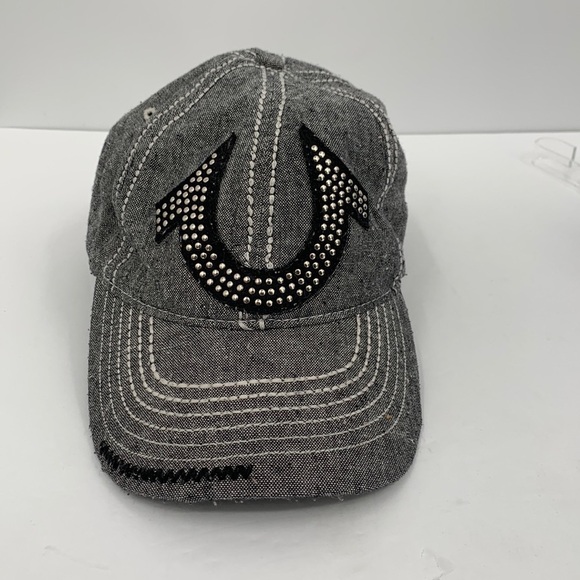 True Religion baseball hat cap gray linen cotton silver stud embroidery XXX